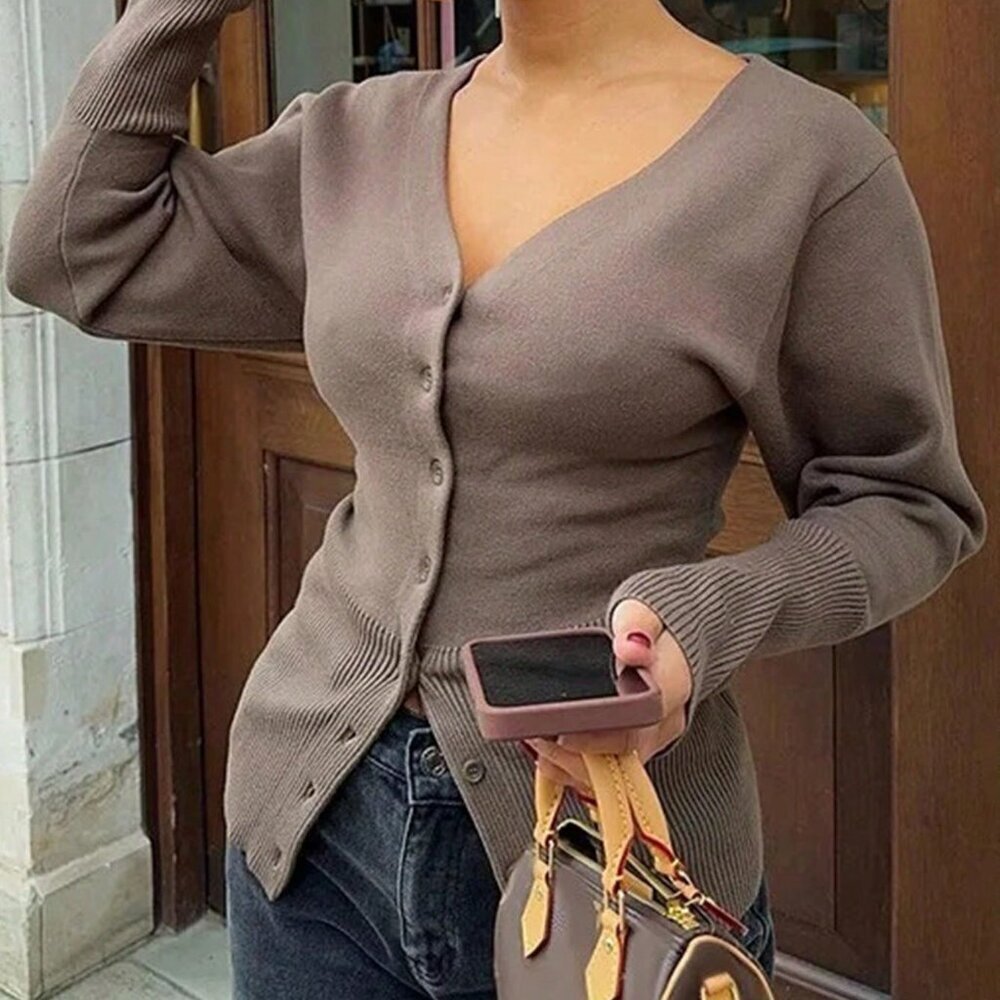 Brown Casual Elegant Women's V-Neck Cardigan Sweater